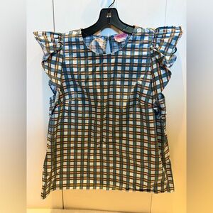 Kate Spade Ruffled Plaid Sleeveless Top in Blue, Olive Green & Pink